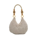 Minimalist beige faux fur tote bag with bohemian wooden bead handle for winter style - Khaki