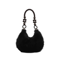 Faux fur handbag in black with beaded wooden handle and crescent moon shape - Black