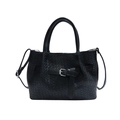Classic black woven leather bucket bag with silver buckle and adjustable shoulder strap - Black