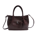 Dark brown woven bucket bag with belt buckle detail and adjustable shoulder strap - Brown