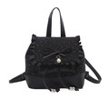 Black bow backpack for women with ruffled flap and pearl rhinestone details - Black