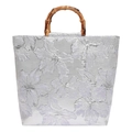 Sac tote en toile brodée argentée avec motifs floraux et poignée bambou - Violet