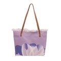 Lavender floral canvas tote bag with white lace trim and brown leather handles - Purple