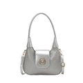 Large silver woven shoulder bag with crescent shape and gold M logo buckle detail - Silver