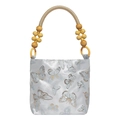 Vintage style butterfly jacquard handbag with silk-like fabric and wooden bead handle - Bow Blue