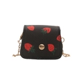 Mini black PU leather crossbody bag with red strawberry print and gold chain strap - Black