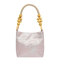 Roze vintage jacquard handtas met bloemenpatronen en handvat van houten kralen - Paviljoenstijl Roze