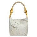 Retro Chinese handtas van crème jacquard met bamboe vogelprint en kralen handvat - Bladstijl Beige
