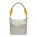 Zilvergrijze jacquard handtas met gouden oosterse borduursels en gele kralenaccenten - Paviljoenstijl Blauw