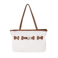 Grote witte canvas tote tas met bruine rand en metalen draaisluiting - Wit
