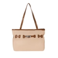 Beige canvas draagtas met bruine leren handvatten en zilveren draaisluiting gesp - Khaki