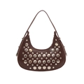 Deep brown leather bucket bag with silver stud rivets and a sleek crescent shape - Coffee
