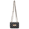 Mini vintage crossbody bag with grey monogram pattern and golden chain strap - Black
