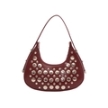 Chic burgundy crescent bag in glossy patent leather with silver stud accents - Burgundy
