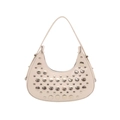 Creamy white crescent handbag with metallic silver stud detailing and smooth leather finish - White
