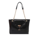 Glossy black leather shoulder bag with gold chain strap and deer pendant on white backdrop - Black