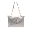 Metallic silver leather tote bag with gold chain strap and deer charm detail - Silver