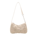 Chic beige sequin baguette shoulder bag with silver chain strap and zipper closure - White