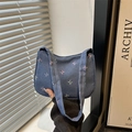Blue denim underarm bag with colorful embroidered bows and dual handles for women - Dark Blue