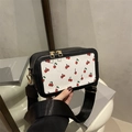 Fashionable black and white crossbody bag with cute red cherry print and wide strap - Black without Pendant
