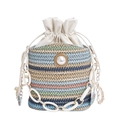 Bolso saco de tejido a rayas coloridas con perla y cierre de cordón en cuero blanco - Azul