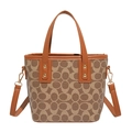 Retro brown monogram bucket bag with faux leather trim and detachable shoulder strap - Brown