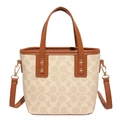 Chic beige and brown crossbody bucket bag with vintage monogram and leather trim - Beige