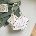 White canvas tote bag with red cherry prints and decorative fashion ribbon strap - White Cherry