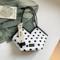 Polka dot large capacity tote bag with black leather straps for women's autumn fashion - White Polka Dot