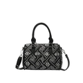 Black Boston barrel bag featuring white embroidery and adjustable shoulder strap - Black