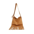 Sac bandoulière rétro bohème marron caramel avec franges et texture en daim - Kaki