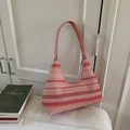 Pink and orange striped woven hobo shoulder bag with large capacity for casual vacation - Pink