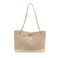 Borsa tote in paglia beige con trama ondulata e tracolla in catena metallica - Bianco