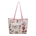 Bolso tote con estampado grafiti, asas rosas e ilustraciones de viaje coloridas - Rosa
