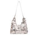 Silver large sequin Hobo underarm bag with metallic reflective finish and shoulder strap - Silver
