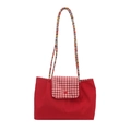 Rote Nylon-Tragetasche mit karierter Klappe und bunten geflochtenen Trageriemen - Stil 1 (Hellrote Karoklappe)
