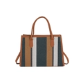 Fashionable striped canvas tote bag with brown leather trim and dual handles - Blue