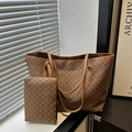 Detail view of large vintage monogram tote bag with matching inner pouch and brown trim - Khaki