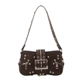 Dark brown leather baguette bag with silver studs and metal buckle in Y2K punk style - Brown