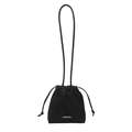Minimalist black drawstring mini bucket bag with metallic branding and slim shoulder strap - Black