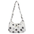 Weiße Cord-Hobo-Tasche mit schwarzem Blumendruck und Doppelreißverschluss-Design - Blumenstil