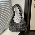 Grey checkered crescent shoulder bag with ruched handle and black bow decorative detail - Black