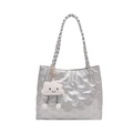 Silver metallic tote bag with 3D bear embossing and plush cloud charm accessory - With Cloud Charm / Silver