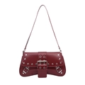Burgundy patent leather shoulder bag with silver studs and oversized metal buckle - Red
