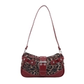 Retro leopard print shoulder bag with red leather trim and punk silver metal hardware - Leopard Red