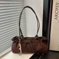 Retro dark brown faux suede tote bag with slim shoulder straps and beaded pendant - Coffee