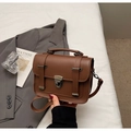 Vintage brown leather crossbody square bag with silver metal buckle and top handle - Brown