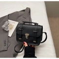 Retro black matte leather crossbody bag with metal lock and elegant top handle - Black