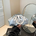 Silver pleated dumpling bag with pearl handle and metal chain shown in mirror reflection - Silver
