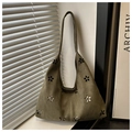 Olive green faux suede tote bag featuring a minimalist laser-cut floral pattern design - Knitted Material / Green